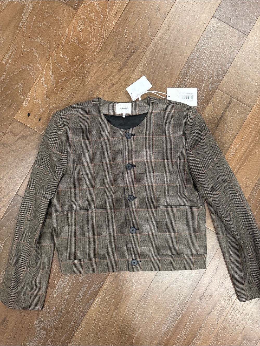 Frame Denim Plaid Collarless Blazer in Brown and Black Checks - Picture 2 of 16